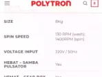 Spesifikasi & Harga Mesin Cuci Polytron PWM 801B 8 Kg 2 Tabung